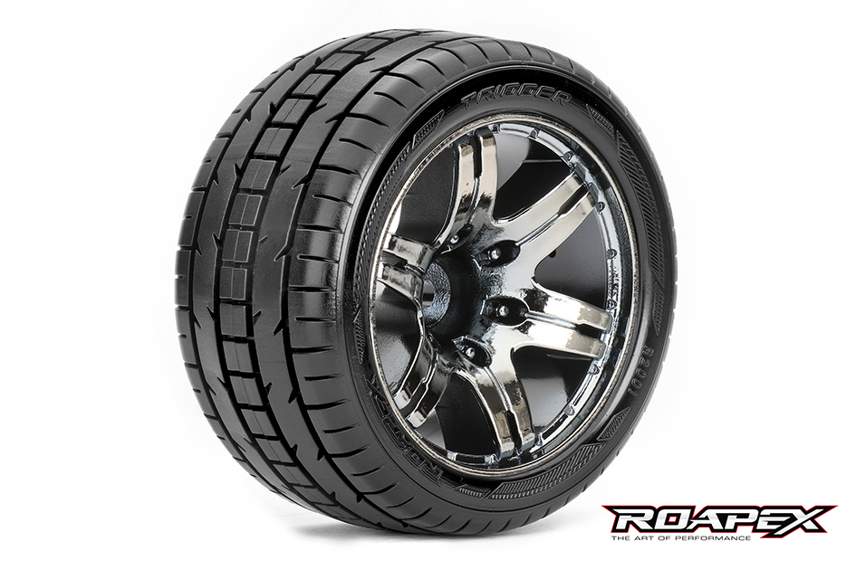 ROAPEX TRIGGER 1/10 STADIUM TRUCK TIRE CHROME BLACK WHEEL WITH 1/2 OFFSET  12MM HEX MOUNTED