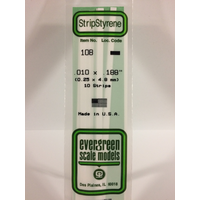 Evergreen 108 White Polystyrene Strip 0.010 x 0.188 x 14" / 0.25mm x 4.8mm x 36cm (10)