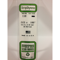 Evergreen 118 White Polystyrene Strip 0.015 x 0.188 x 14" / 0.38mm x 4.8mm x 36cm (10)