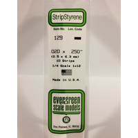 Evergreen 129 White Polystyrene Strip 0.020 x 0.250 x 14" / 0.51mm x 6.4mm x 36cm (10)