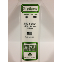 Evergreen 139 White Polystyrene Strip 0.030 x 0.250 x 14" / 0.76mm x 6.4mm x 36cm (10)