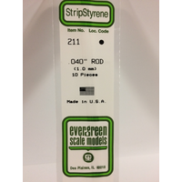 Evergreen 211 White Polystyrene Rod 0.040 x 14" / 1mm x 36cm (10)