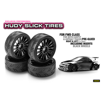 Hudy 1/10 Pre-Cut Slick Belted Tires Right & Left 2+2Pcs Black - HD803041