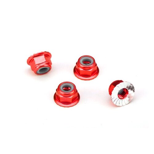Traxxas 4mm Red Aluminium Flanged Serrated Nyloc Nuts 4Pcs 1747A