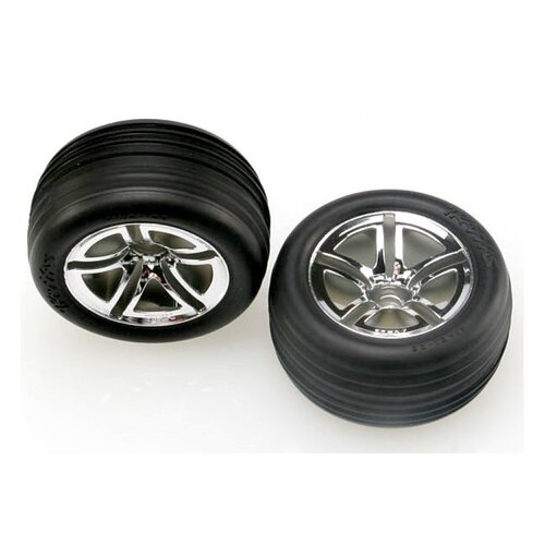 Traxxas 2.8" Front Alias Ribbed Tyres on Chrome Twin-Spoke Rims - Glued Wheels 2Pcs 5574R
