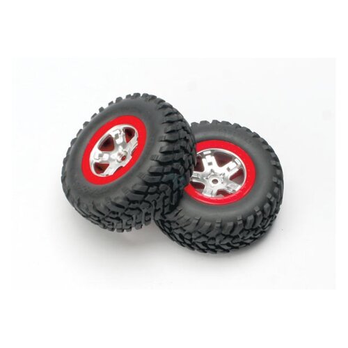 Traxxas 2.2/3.0" Off Road Tyres on Satin Chrome/Red Rims - Glued Wheels 2Pcs 5873A