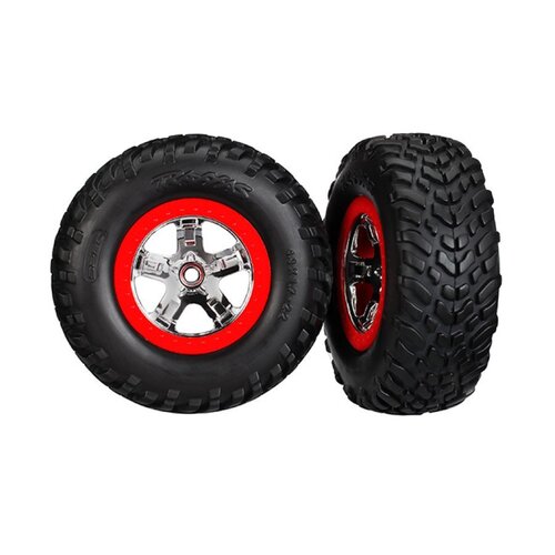 Traxxas 2.2/3.0" Off Road Tyres on Satin Chrome/Red Rims - Glued Wheels 2Pcs 5887