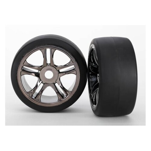 Traxxas 3.3" Rear S1 Slick Tyres on Black Chrome Rims - Glued Wheels 2Pcs 6477