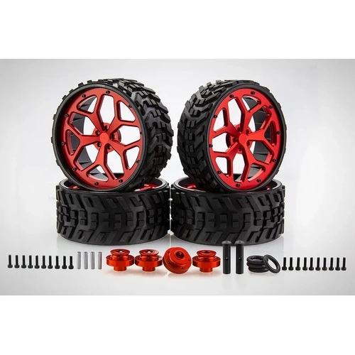 Rovan 6" Baja 5B Unlined All Terrain Tyres on Red Rims w/ Bolt On Hexes - Beadlocked Wheel Set