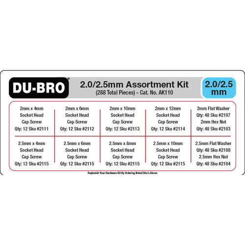 Du-Bro 2.0 / 2.5mm Hardware Assortment Kit 288 Pcs Set - AK110