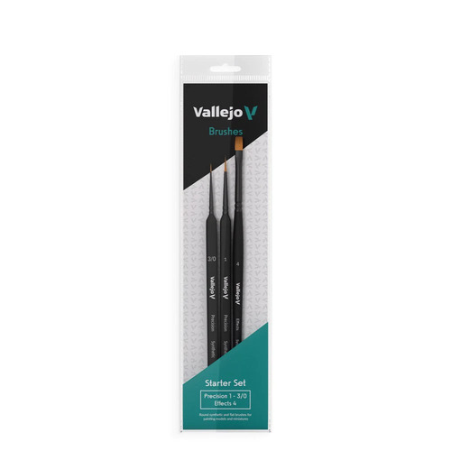 Vallejo Hobby Brushes Precision Starter Set Round No.1 & 3/0 Triangular Handle Flat No.4 Synthetics - AVB03990