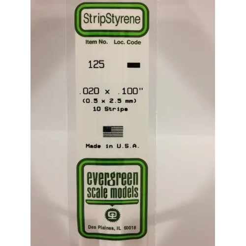 Evergreen 125 White Styrene Strip .020 X .100 (Pack Of 10)