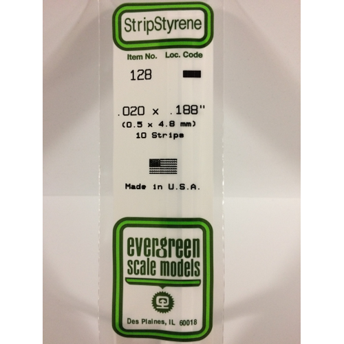 Evergreen 128 White Styrene Strip .020 X .188 (Pack Of 10)