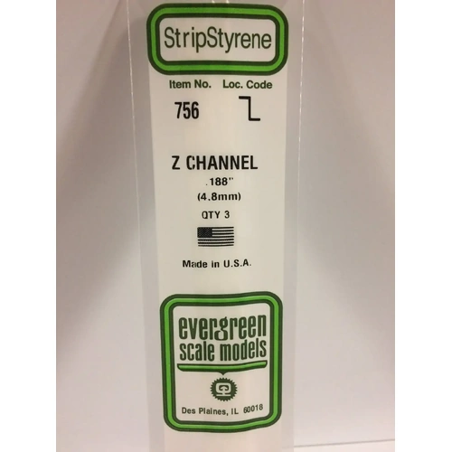 Evergreen 756 White Styrene Z Channel .188 X .094 X .026 (Pack Of 3)