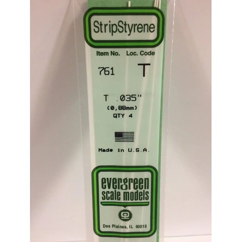 Evergreen 761 White Styrene T Profile .035" (0.88Mm) (4 Per Pack