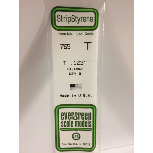 Evergreen 765 White Styrene T Profile .123" (3.10Mm)(3 Per Pack)