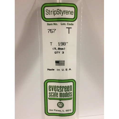 Evergreen 767 White Styrene T Profile .198" (5.00Mm) (3 Per Pack)