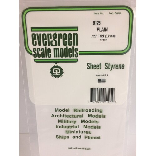Evergreen Plain White Polystyrene Sheets 6" x 12" (15cm x 30cm) .125" Thick (1 Sheet Per Pack) - EG9125