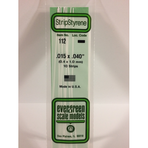 Evergreen 112 White Polystyrene Strip 0.015 x 0.040 x 14" / 0.38mm x 1mm x 36cm (10)