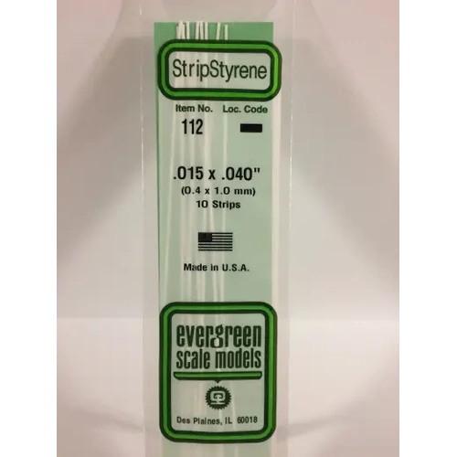 Evergreen 112 White Polystyrene Strip 0.015 x 0.040 x 14" / 0.38mm x 1mm x 36cm (10)
