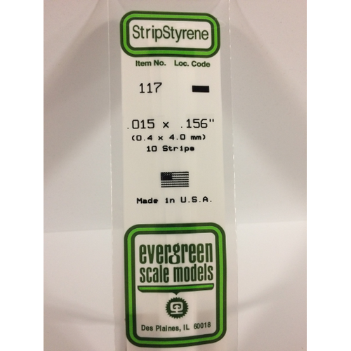Evergreen 117 White Polystyrene Strip 0.015 x 0.156 x 14" / 0.38mm x 4mm x 36cm (10)