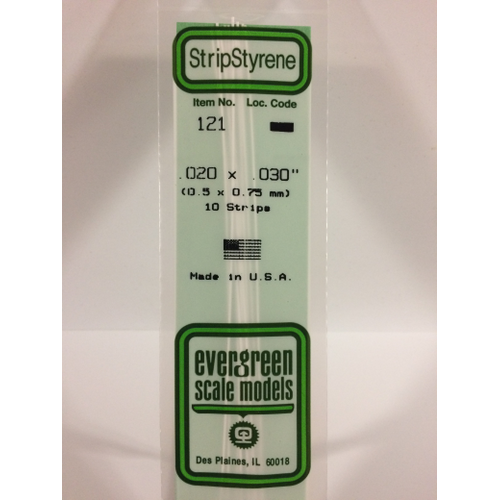 Evergreen 121 White Polystyrene Strip 0.020 x 0.030 x 14" / 0.51mm x 0.76mm x 36cm (10)
