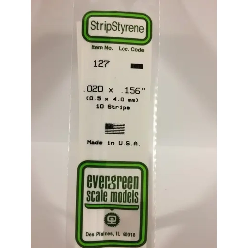 Evergreen 127 White Polystyrene Strip 0.020 x 0.156 x 14" / 0.51mm x 4mm x 36cm (10)