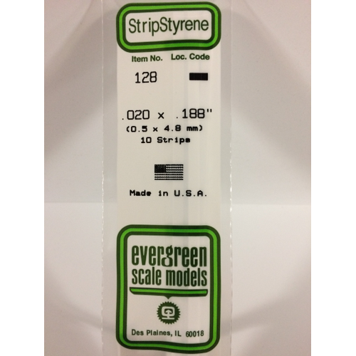 Evergreen 128 White Polystyrene Strip 0.020 x 0.188 x 14" / 0.51mm x 4.8mm x 36cm (10)