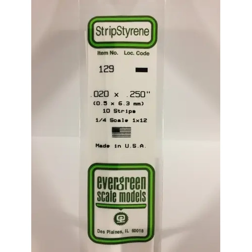 Evergreen 129 White Polystyrene Strip 0.020 x 0.250 x 14" / 0.51mm x 6.4mm x 36cm (10)