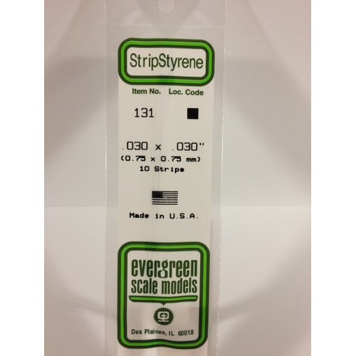 Evergreen 131 White Polystyrene Strip 0.030 x 0.030 x 14" / 0.76mm x 0.76mm x 36cm (10)