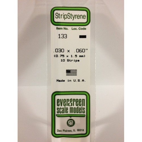 Evergreen 133 White Polystyrene Strip 0.030 x 0.060 x 14" / 0.76mm x 1.5mm x 36cm (10)