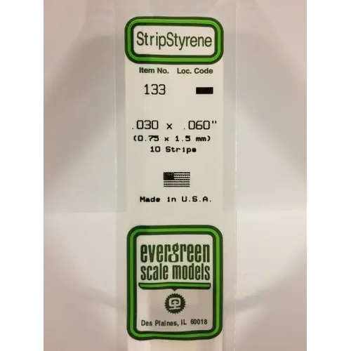 Evergreen 133 White Polystyrene Strip 0.030 x 0.060 x 14" / 0.76mm x 1.5mm x 36cm (10)