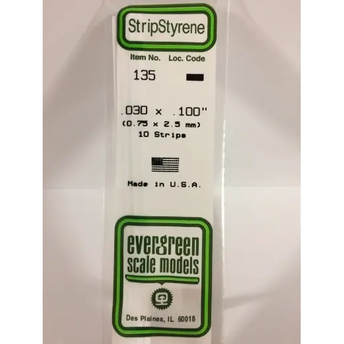 Evergreen 135 White Polystyrene Strip 0.030 x 0.100 x 14" / 0.76mm x 2.5mm x 36cm (10)