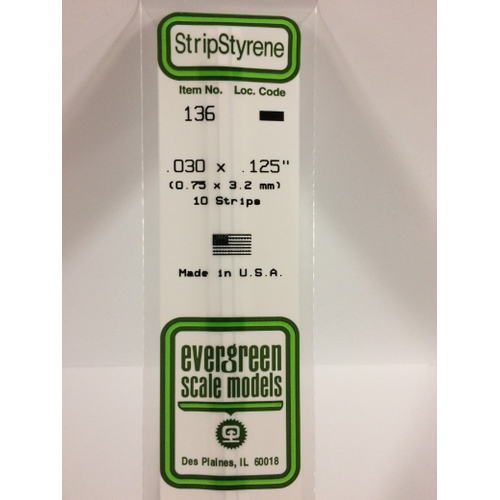 Evergreen 136 White Polystyrene Strip 0.030 x 0.125 x 14" / 0.76mm x 3.2mm x 36cm (10)