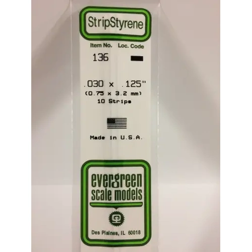 Evergreen 136 White Polystyrene Strip 0.030 x 0.125 x 14" / 0.76mm x 3.2mm x 36cm (10)