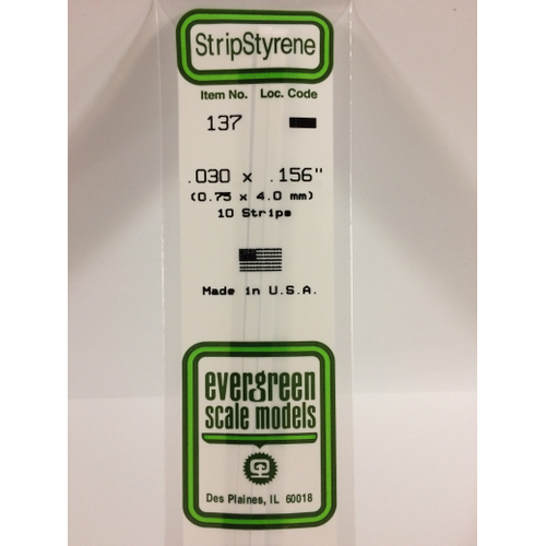 Evergreen 137 White Polystyrene Strip 0.030 x 0.156 x 14" / 0.76mm x 4mm x 36cm (10)