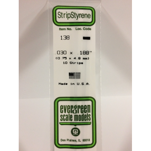 Evergreen 138 White Polystyrene Strip 0.030 x 0.188 x 14" / 0.76mm x 4.8mm x 36cm (10)