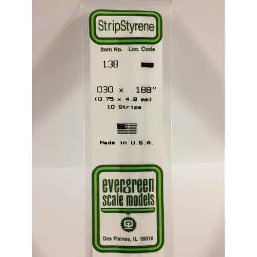 Evergreen 138 White Polystyrene Strip 0.030 x 0.188 x 14" / 0.76mm x 4.8mm x 36cm (10)