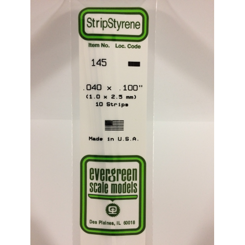 Evergreen 145 White Polystyrene Strip 0.040 x 0.100 x 14" / 1mm x 2.5mm x 36cm (10)