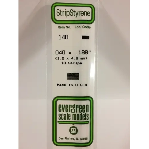 Evergreen 148 White Polystyrene Strip 0.040 x 0.188 x 14" / 1mm x 4.8mm x 36cm (10)