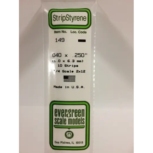 Evergreen 149 White Polystyrene Strip 0.040 x 0.250 x 14" / 1mm x 6.4mm x 36cm (10)