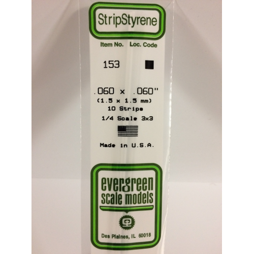 Evergreen 153 White Polystyrene Strip 0.060 x 0.060 x 14" / 1.5mm x 1.5mm x 36cm (10)