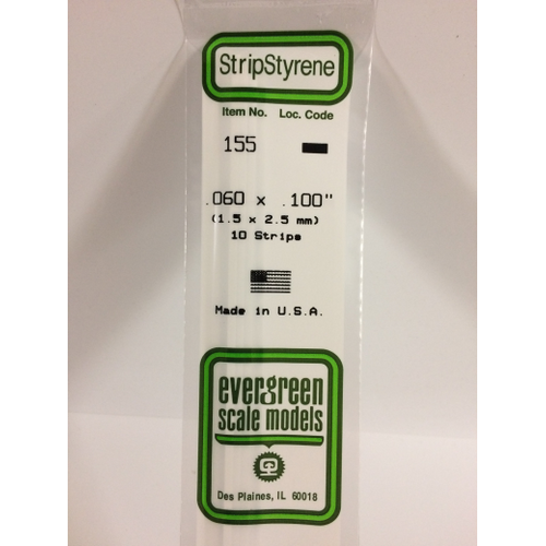 Evergreen 155 White Polystyrene Strip 0.060 x 0.100 x 14" / 1.5mm x 2.5mm x 36cm (10)