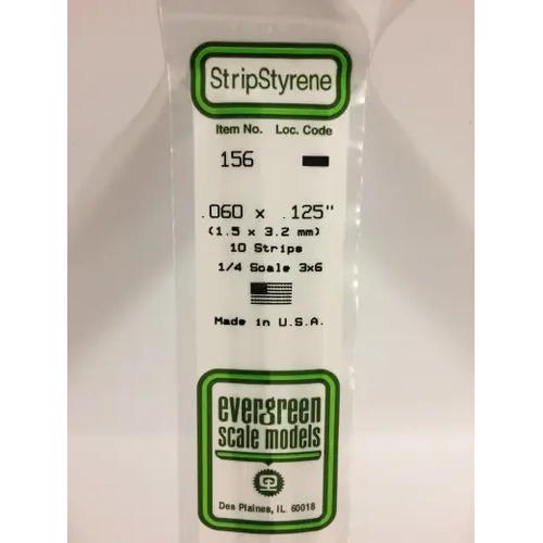 Evergreen 156 White Polystyrene Strip 0.060 x 0.125 x 14" / 1.5mm x 3.2mm x 36cm (10)
