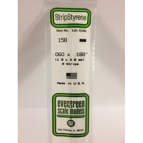 Evergreen 158 White Polystyrene Strip 0.060 x 0.188 x 14" / 1.5mm x 4.8mm x 36cm (9)
