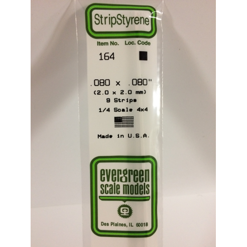 Evergreen 164 White Polystyrene Strip 0.080 x 0.080 x 14" / 2mm x 2mm x 36cm (9)