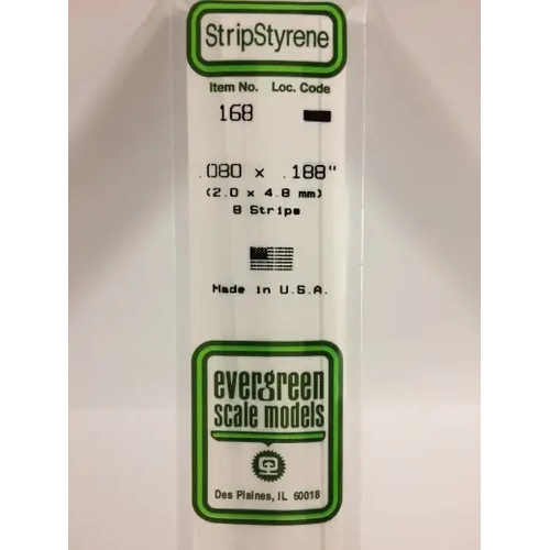 Evergreen 168 White Polystyrene Strip 0.080 x 0.188 x 14" / 2mm x 4.8mm x 36cm (8)