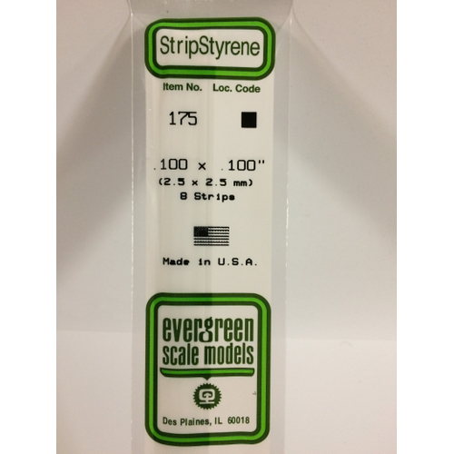 Evergreen 175 White Polystyrene Strip 0.100 x 0.100 x 14" / 2.5mm x 2.5mm x 36cm (8)