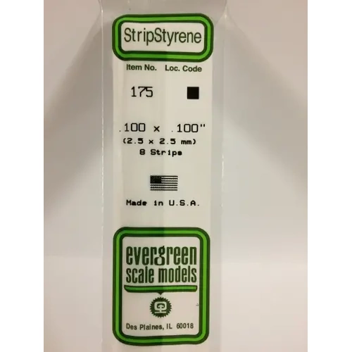 Evergreen 175 White Polystyrene Strip 0.100 x 0.100 x 14" / 2.5mm x 2.5mm x 36cm (8)