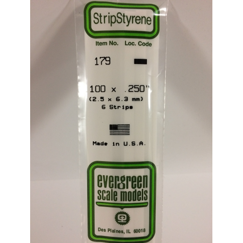 Evergreen 179 White Polystyrene Strip 0.100 x 0.250 x 14" / 2.5mm x 6.4mm x 36cm (6)